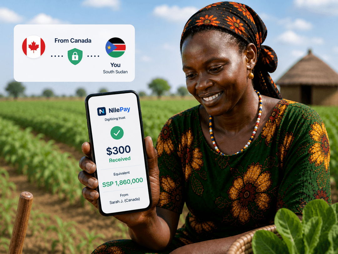 NilePay mobile app showing money transfer to South Sudan