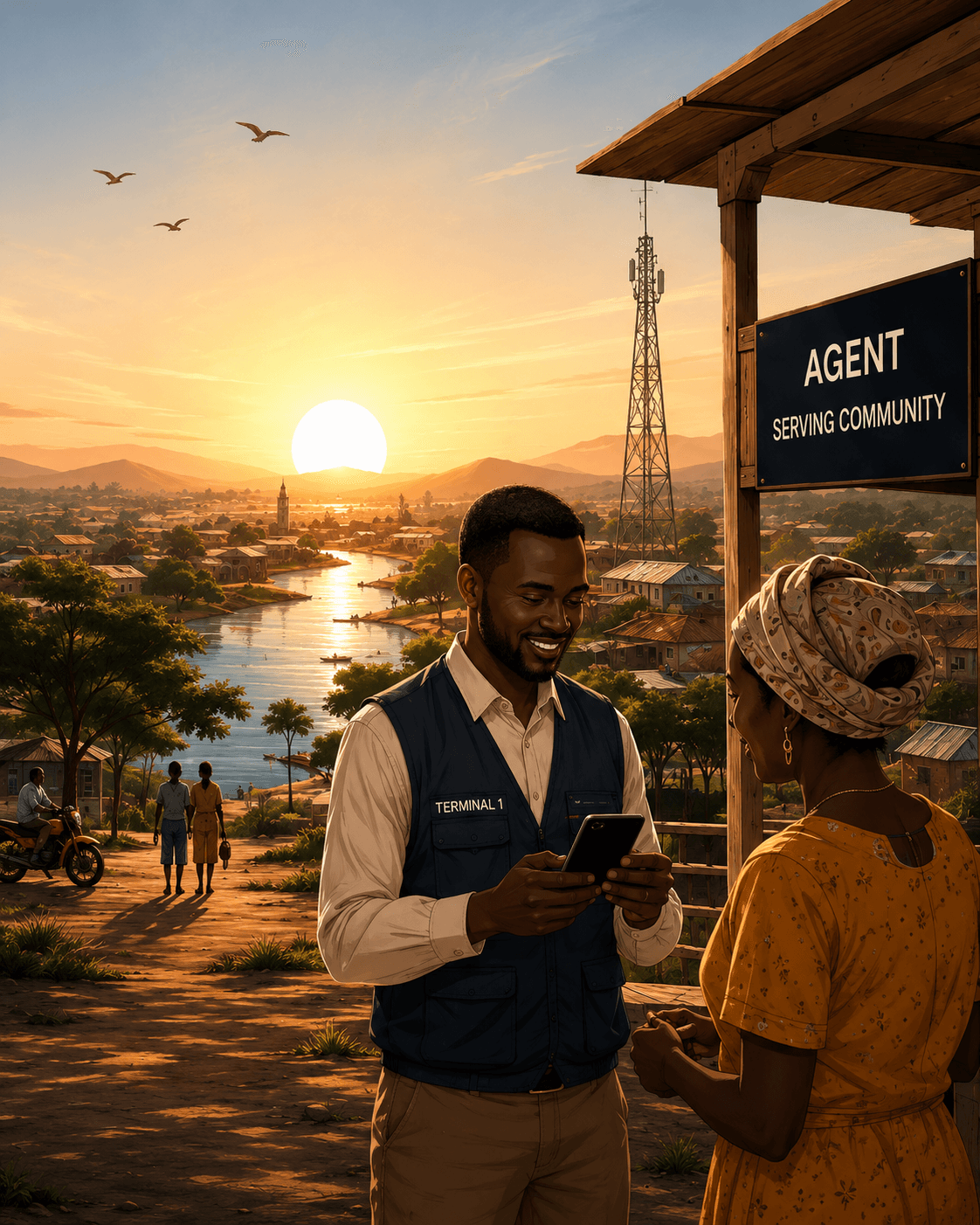 A Terminal 1 agent serving a customer at sunset over a South Sudanese town